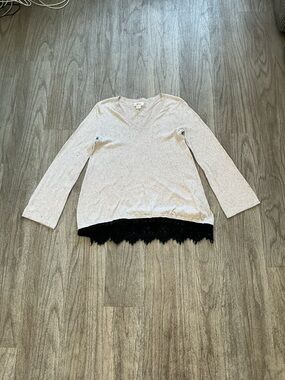 Light Beige Long Sleeve V-Neck Top with Black Lace Hem